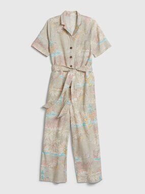 GAP Tropical Floral Linen Cotton Belted Button Up Utility Shirt Jumpsuit, Size 4